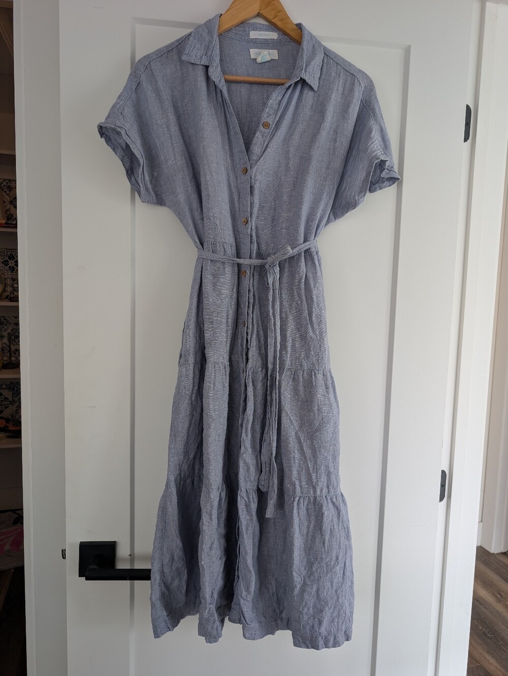 Light Blue Button-Down Linen Maxi Dress with Tie